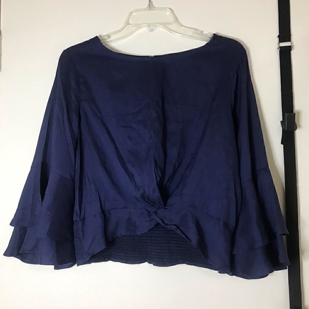 Lulus Auben Navy Blue Knotted Bell Sleeve Crop Top - Picture 8 of 10